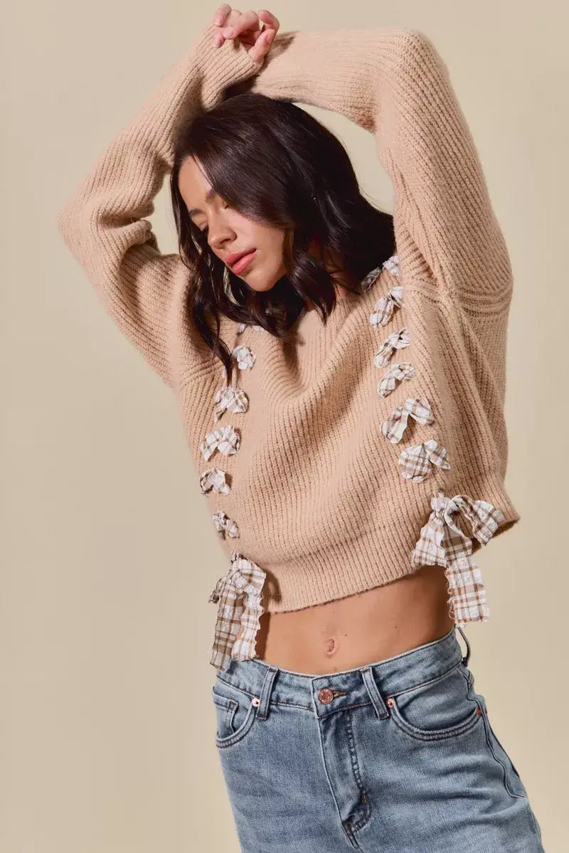 SO ME Checkered Plaid Tape Lace Up Ribbed Sweater - Trendsi - Flyclothing LLC