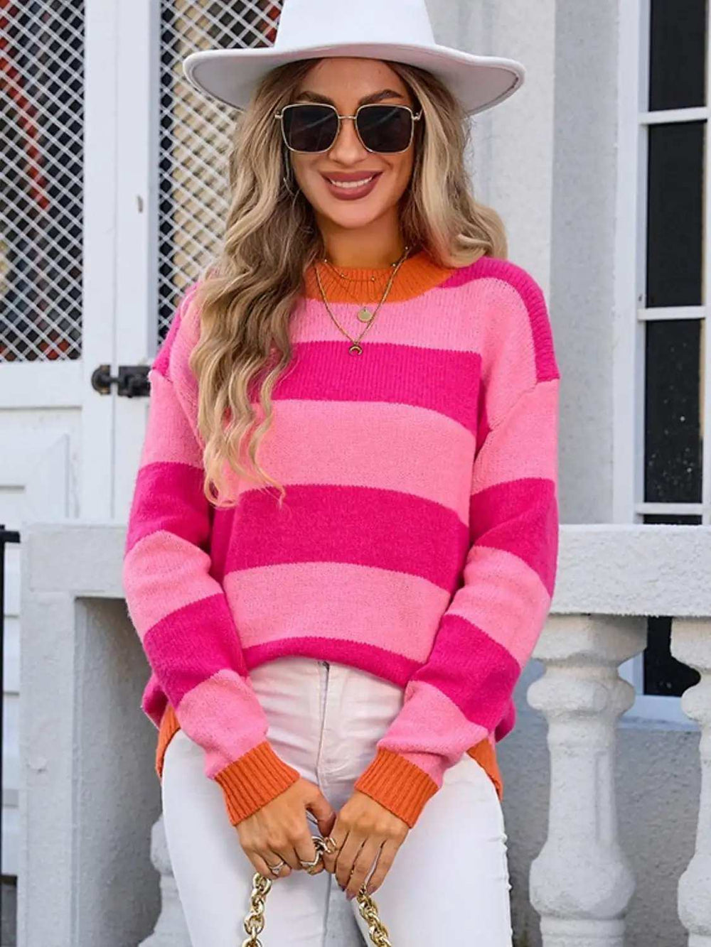 Contrast Striped Round Neck Sweater - Trendsi - Flyclothing LLC