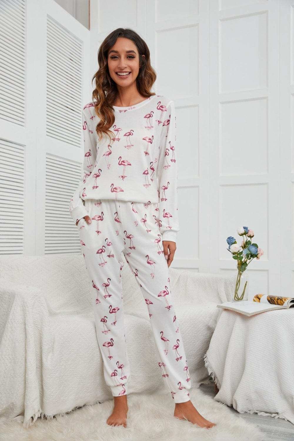 Flamingo Long Sleeve Top and Pants Lounge Set - Trendsi - Flyclothing LLC