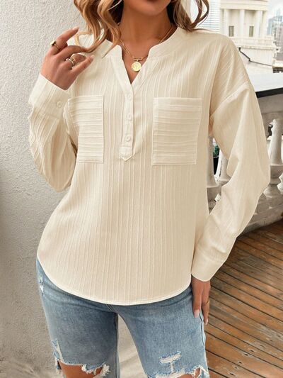 Devine Pocketed Notched Long Sleeve Blouse - Trendsi
