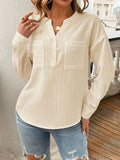 Devine Pocketed Notched Long Sleeve Blouse - Trendsi