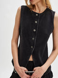 Button Down Round Neck Denim Vest - Trendsi