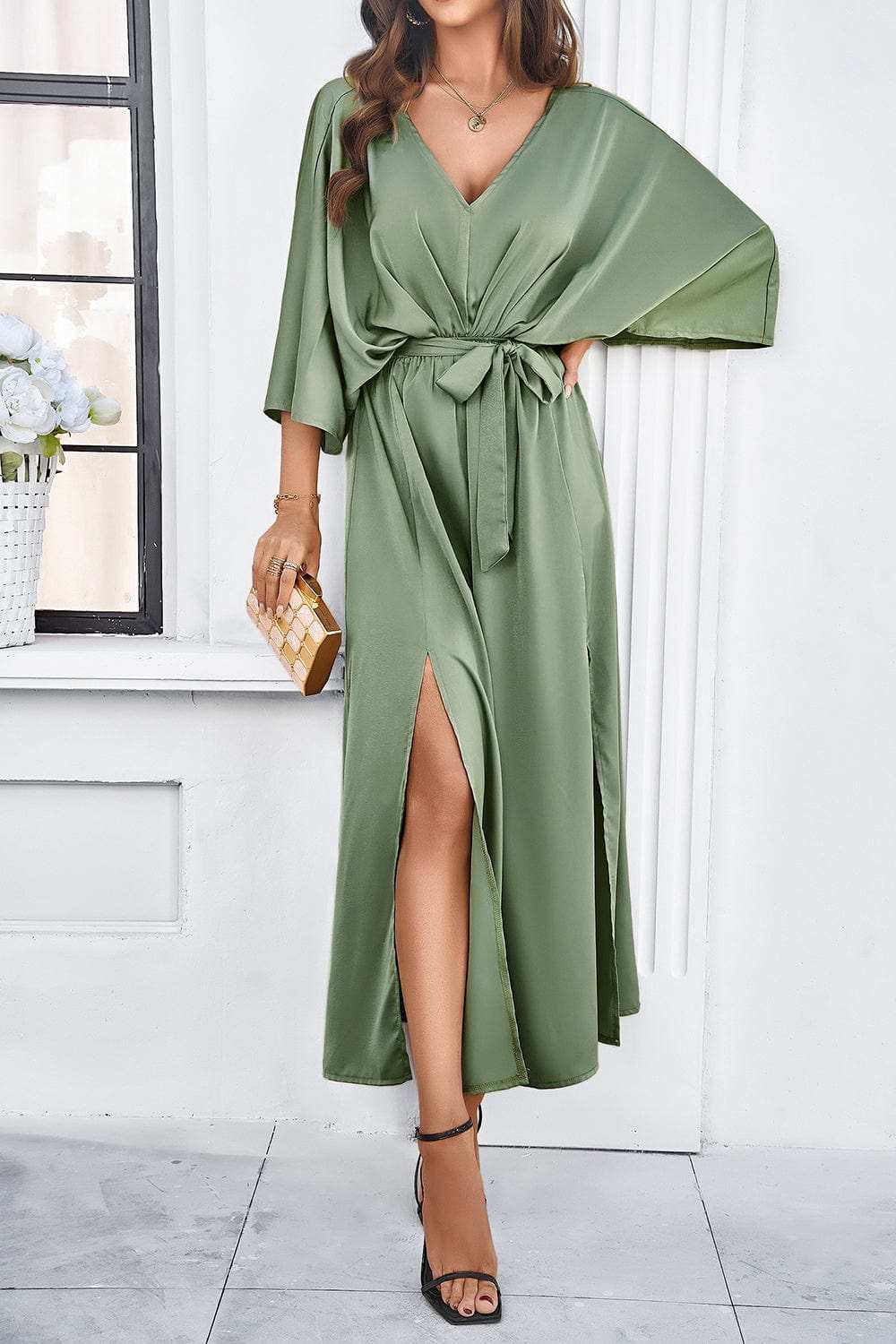 Slit Tied V-Neck Three-Quarter Sleeve Dress - Trendsi - Flyclothing LLC