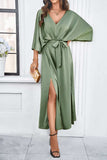 Slit Tied V-Neck Three-Quarter Sleeve Dress - Trendsi - Flyclothing LLC