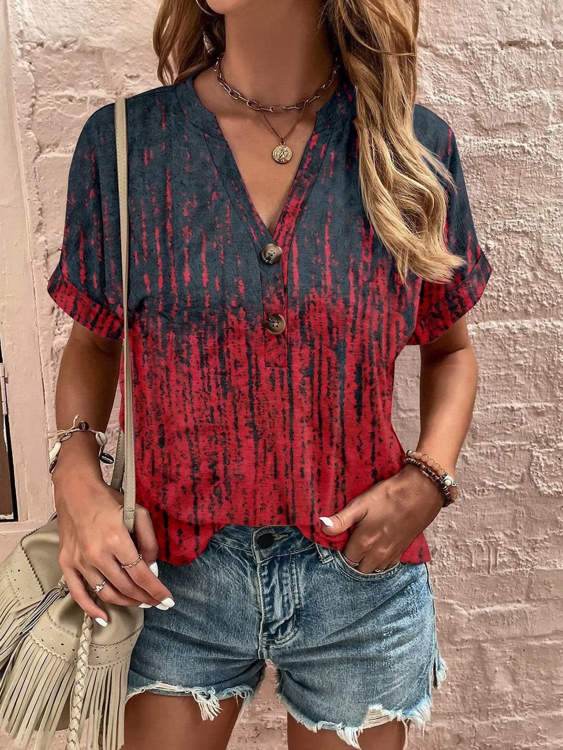 Full Size Printed Notched Short Sleeve Blouse - Trendsi - Flyclothing LLC