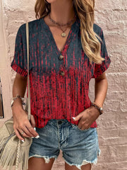Full Size Printed Notched Short Sleeve Blouse - Trendsi