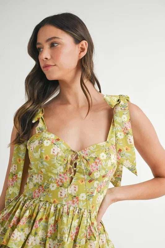 MABLE Floral Print Shoulder Tie Layered Mini Dress - Trendsi - Flyclothing LLC
