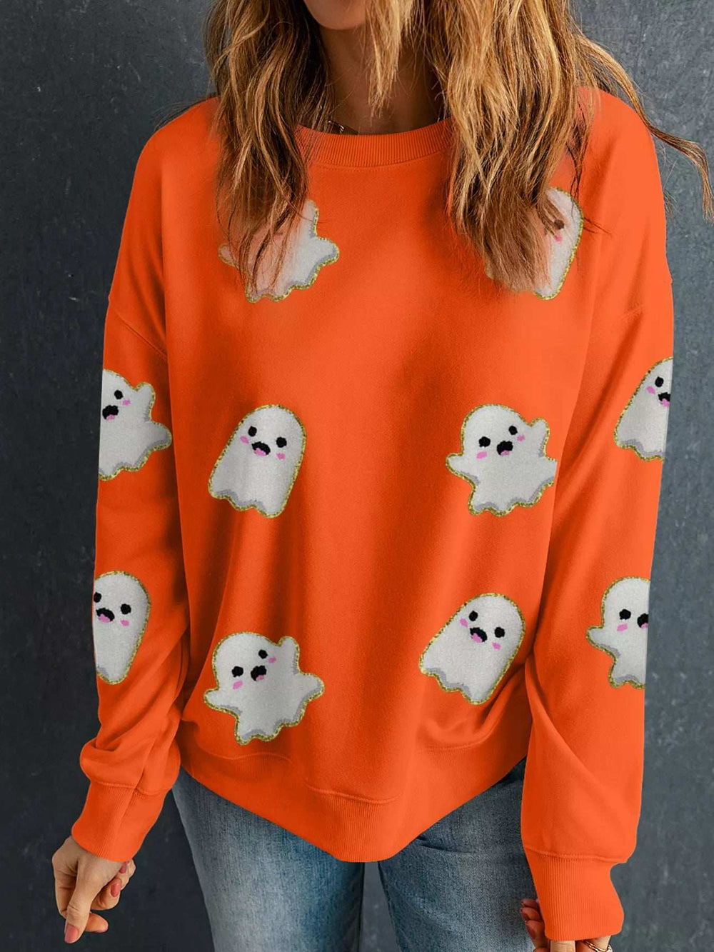 Halloween Ghost Patched Pattern Holiday Sweatshirt - Trendsi - Flyclothing LLC