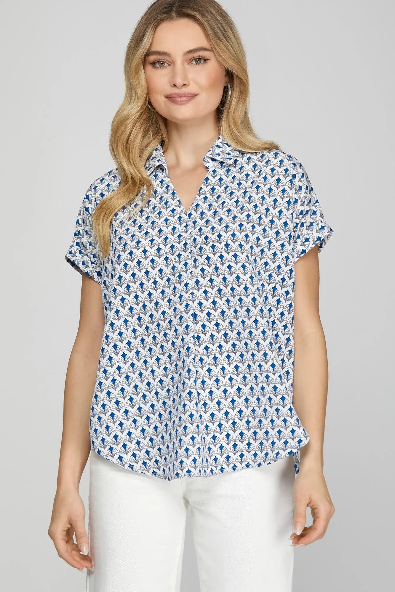 She + Sky Full Size Printed Johnny Collar Short Sleeve Blouse Plus Size - Trendsi - Flyclothing LLC