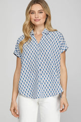 She + Sky Full Size Printed Johnny Collar Short Sleeve Blouse Plus Size - Trendsi - Flyclothing LLC