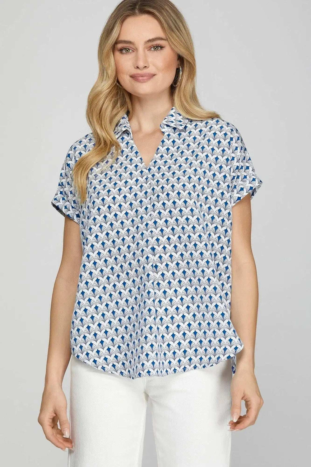 She + Sky Full Size Printed Johnny Collar Short Sleeve Blouse Plus Size - Trendsi - Flyclothing LLC