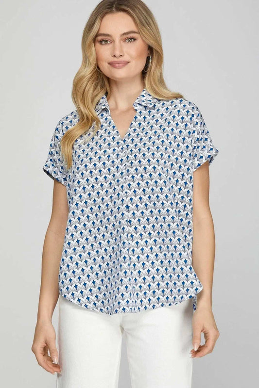 She + Sky Full Size Printed Johnny Collar Short Sleeve Blouse Plus Size - Trendsi - Flyclothing LLC