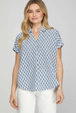 She + Sky Full Size Printed Johnny Collar Short Sleeve Blouse Plus Size - Trendsi - Flyclothing LLC