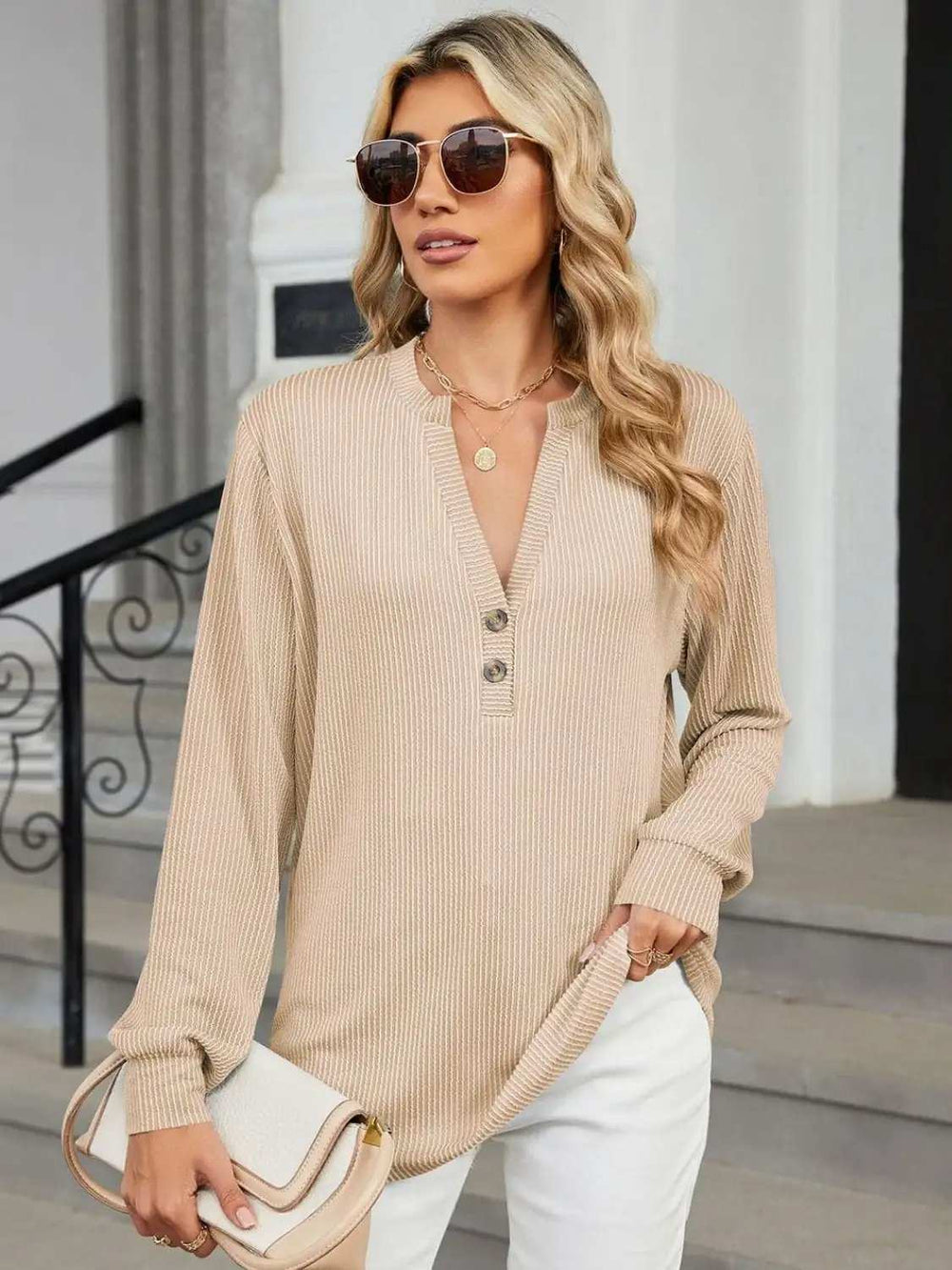 Striped Notched Long Sleeve T-Shirt - Trendsi - Flyclothing LLC