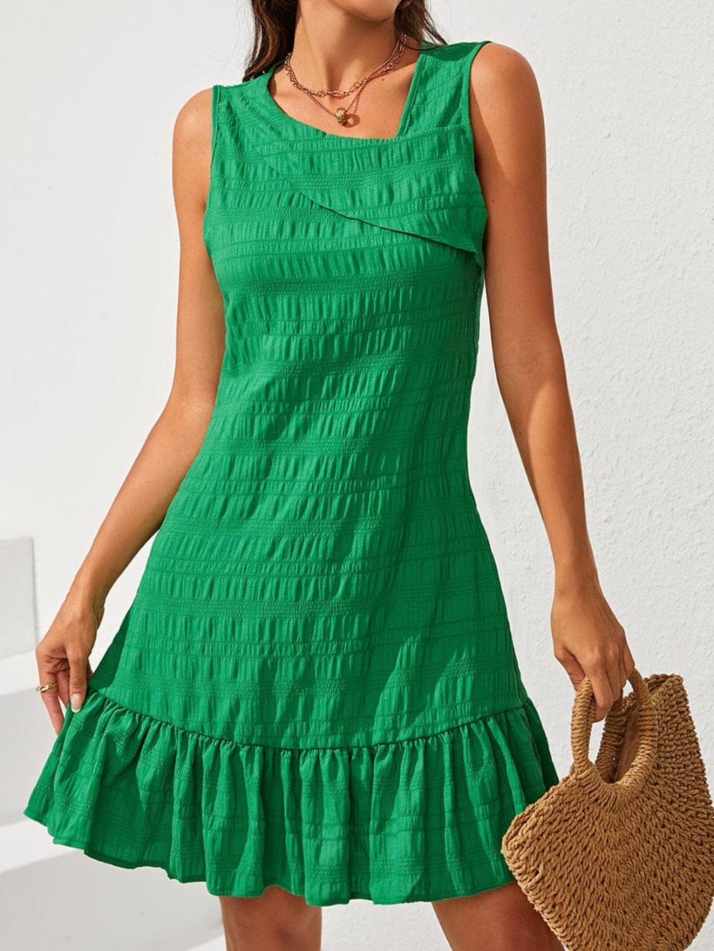 Ruffle Hem Asymmetrical Neck Sleeveless Dress - Trendsi