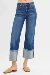 RISEN Full Size Mid Rise Crop Wide Wide Cuffed Jeans Plus Size - Trendsi - Flyclothing LLC