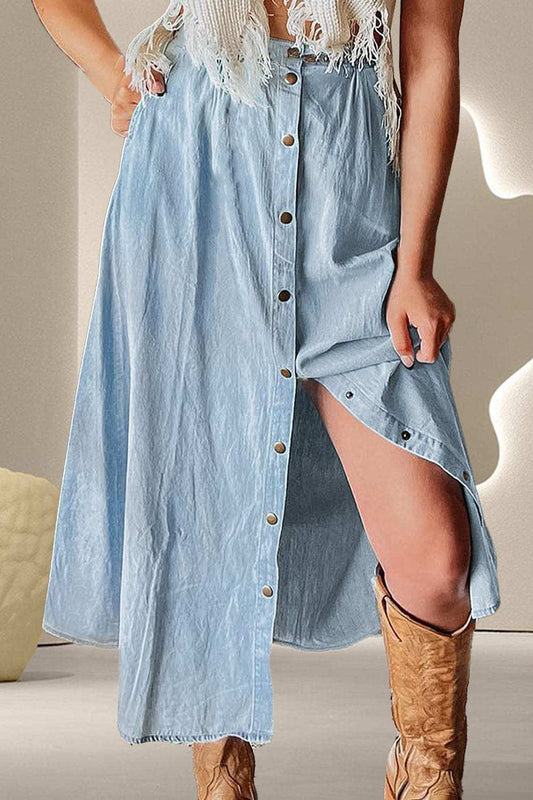Snap Down High Waist Denim Skirt - Trendsi - Flyclothing LLC