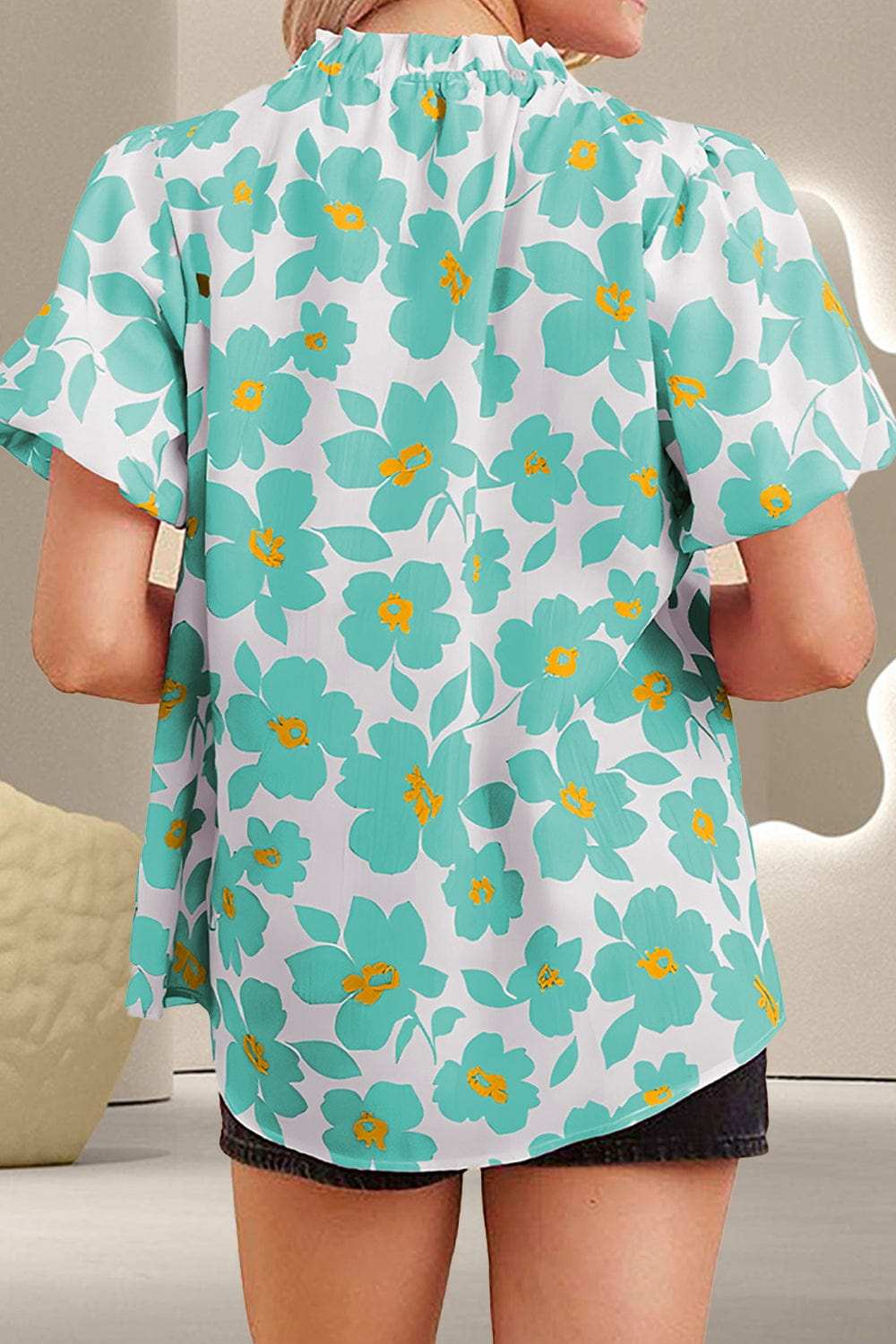 Printed Mock Neck Puff Sleeve Blouse - Trendsi - Flyclothing LLC
