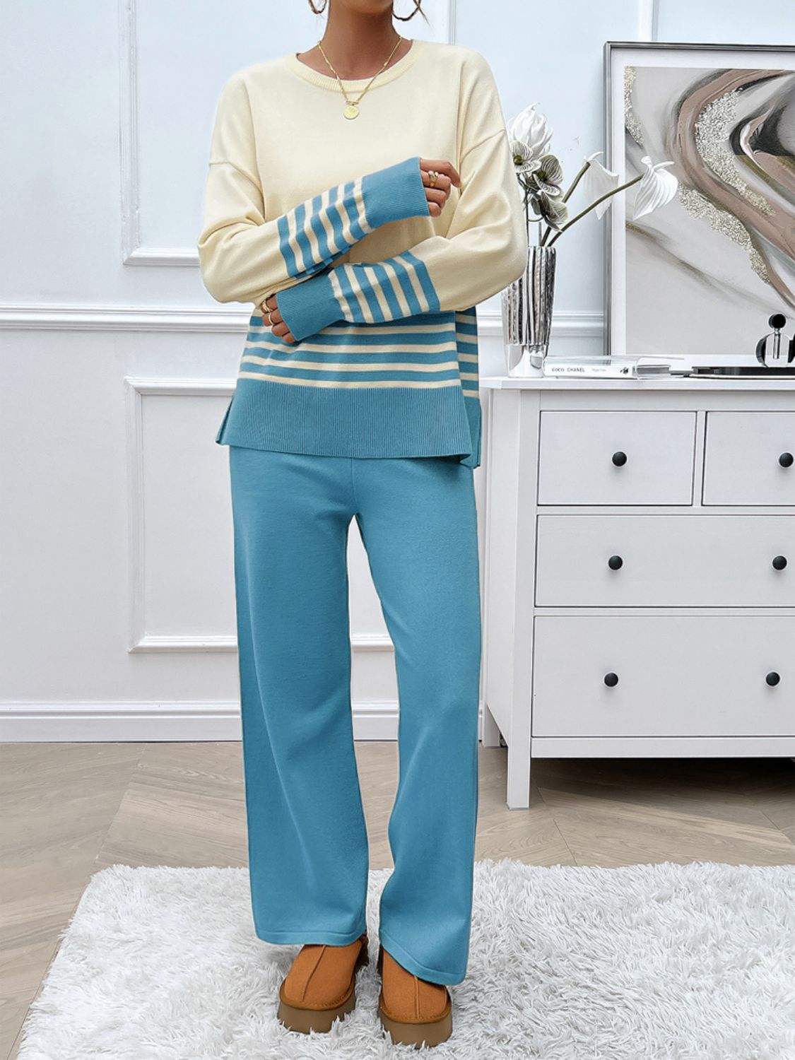 Devine Slit Striped Round Neck Top and Pants Sweater Set - Trendsi - Flyclothing LLC