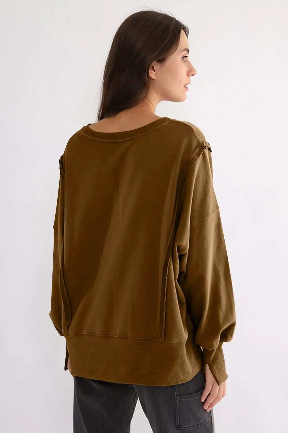 Exposed Seam High-Low Long Sleeve Sweatshirt - Trendsi - Flyclothing LLC
