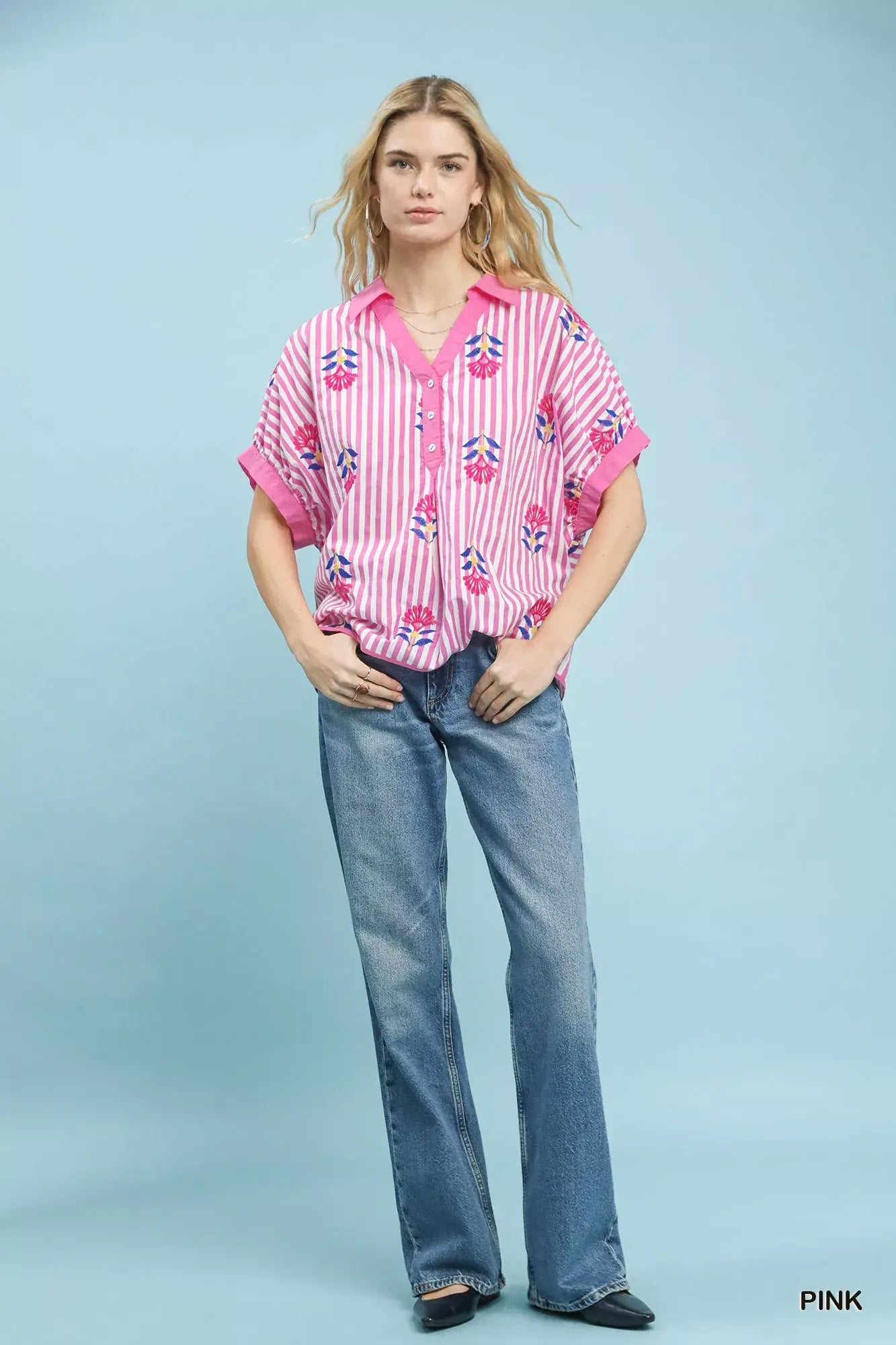 Umgee Stripe Embroidered Button-Front Boho Blouse - Trendsi - Flyclothing LLC
