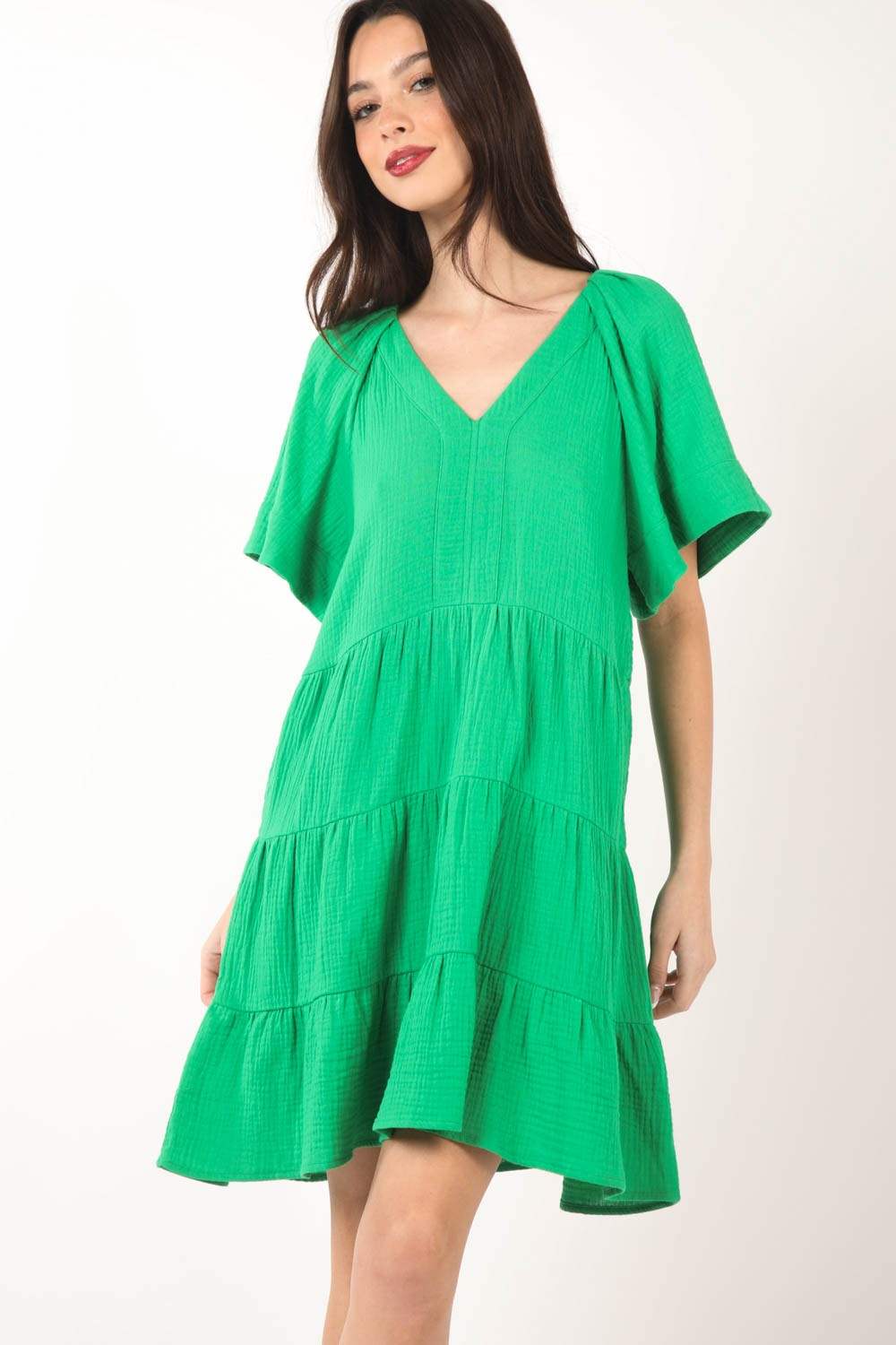 VERY J Texture V-Neck Ruffled Tiered Dress - Trendsi - Flyclothing LLC