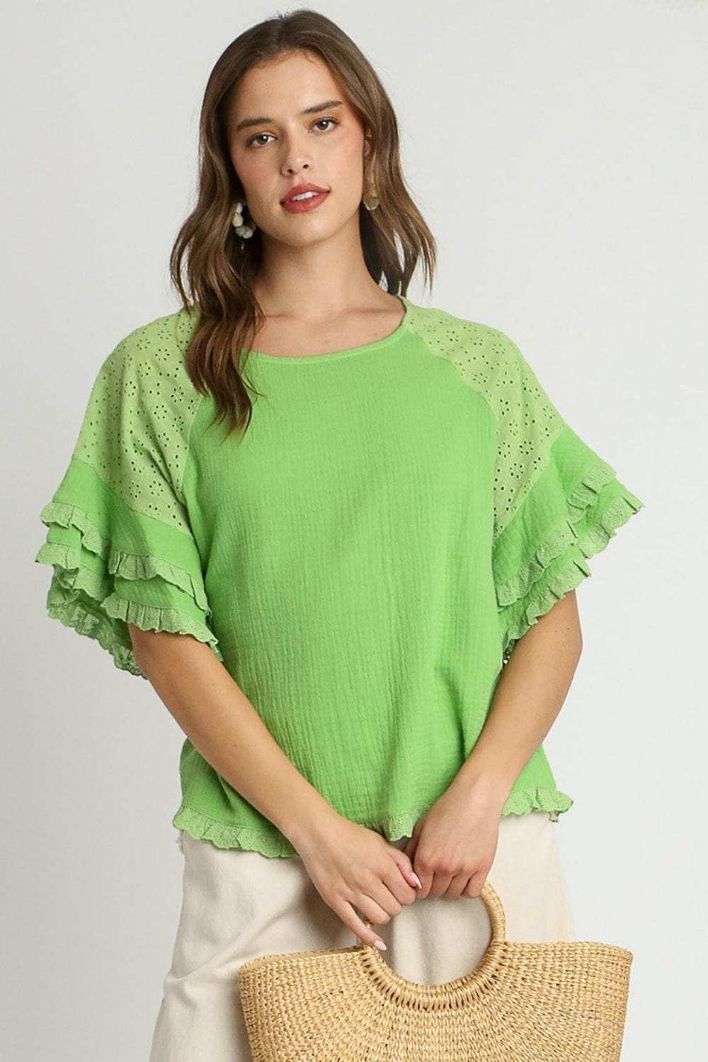 Umgee Full Size Cotton Gauze Round Neck Ruffle Eyelet Layered Sleeve Blouse Plus Size - Trendsi - Flyclothing LLC