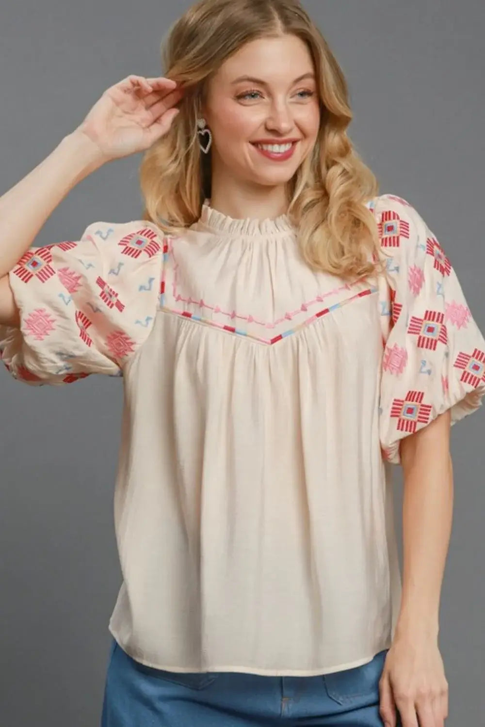 Umgee Full Size Embroidered Puff Sleeve Mock Neck Top Plus Size - Trendsi - Flyclothing LLC