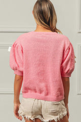 BiBi Ribbon Bow Detail Puff Sleeve Sweater - Trendsi - Flyclothing LLC