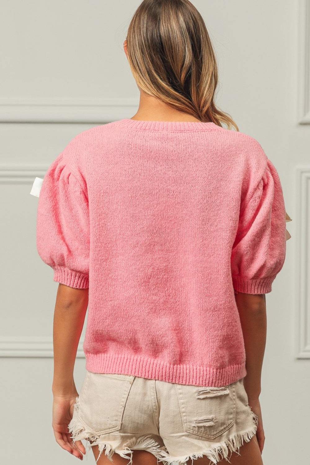 BiBi Ribbon Bow Detail Puff Sleeve Sweater - Trendsi - Flyclothing LLC