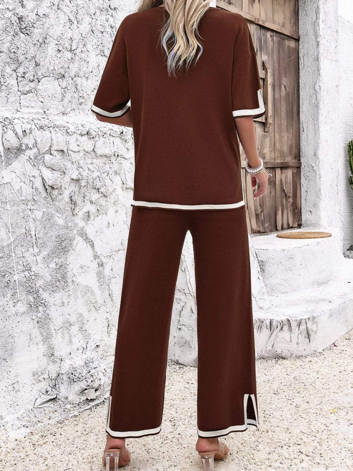 Contrast Trim Round Neck Top and Pants Set - Trendsi - Flyclothing LLC