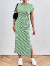 Tied Striped Round Neck Short Sleeve Tee Dress - Trendsi - Flyclothing LLC