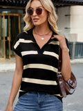 Striped Johnny Collar Cap Sleeve Sweater - Trendsi - Flyclothing LLC
