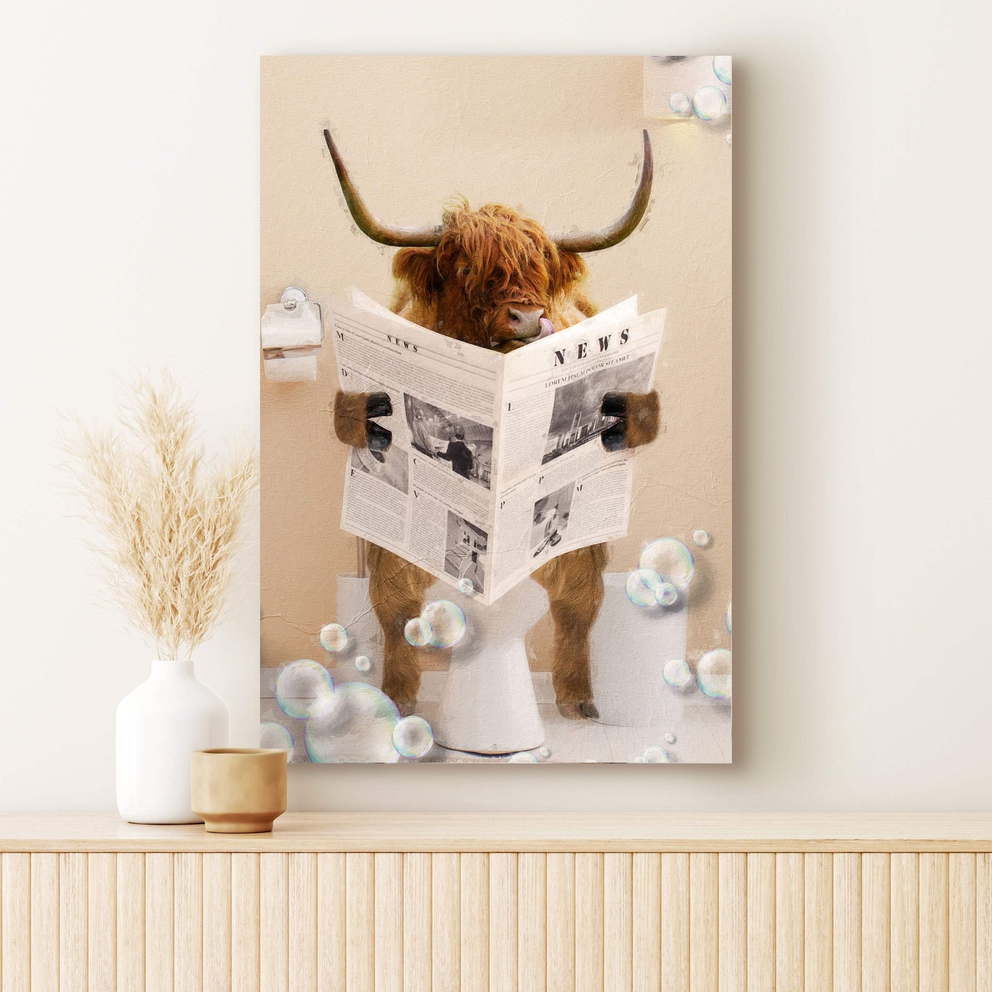 Highland Cow Reading Newspaper Canvas Wall Art - Tailored Canvases - Flyclothing LLC