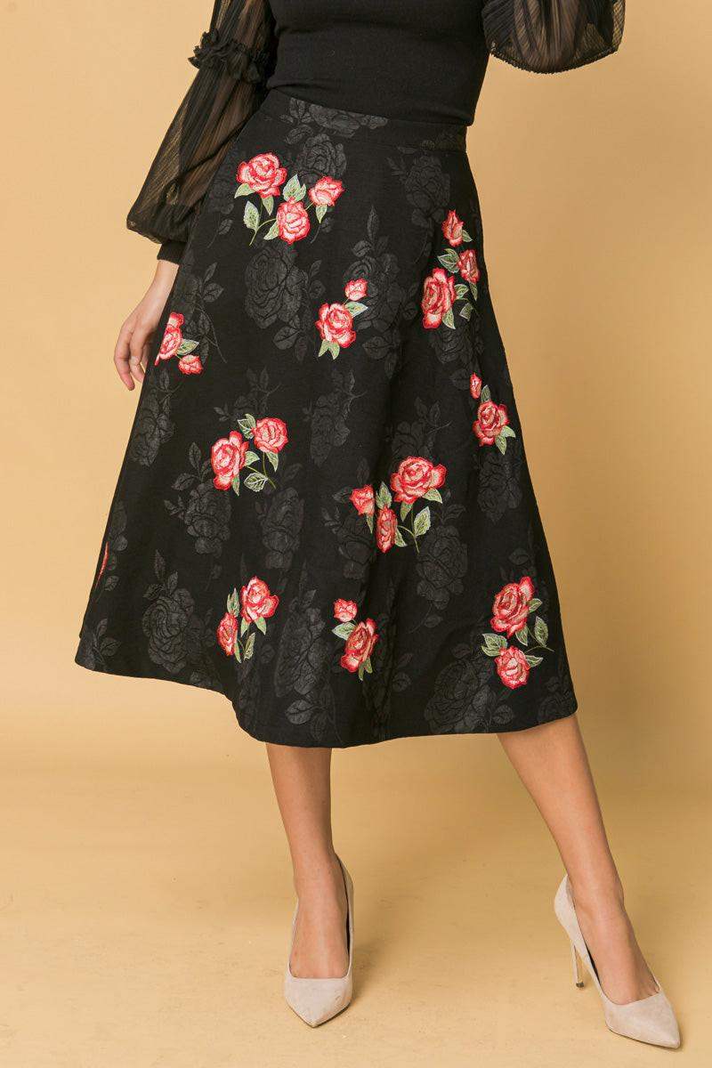 ROSE EMBROIDERY MIDI SKIRT - Flying Tomato - Flyclothing LLC