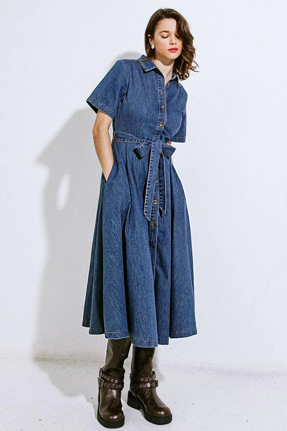 DAY IN THE LIFE DENIM MIDI DRESS - Flying Tomato - Flyclothing LLC