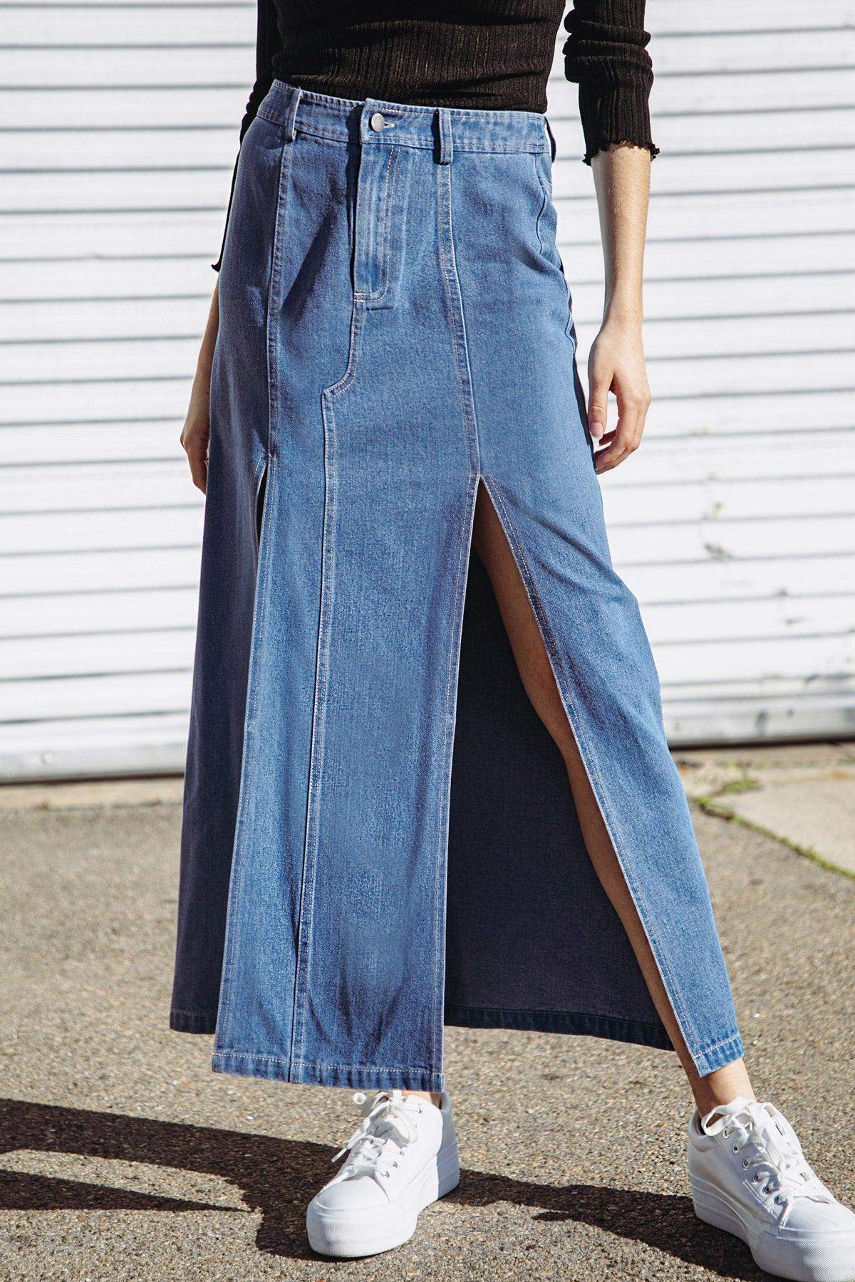 SWEET TALKING DENIM MIDI SKIRT - Flying Tomato - Flyclothing LLC