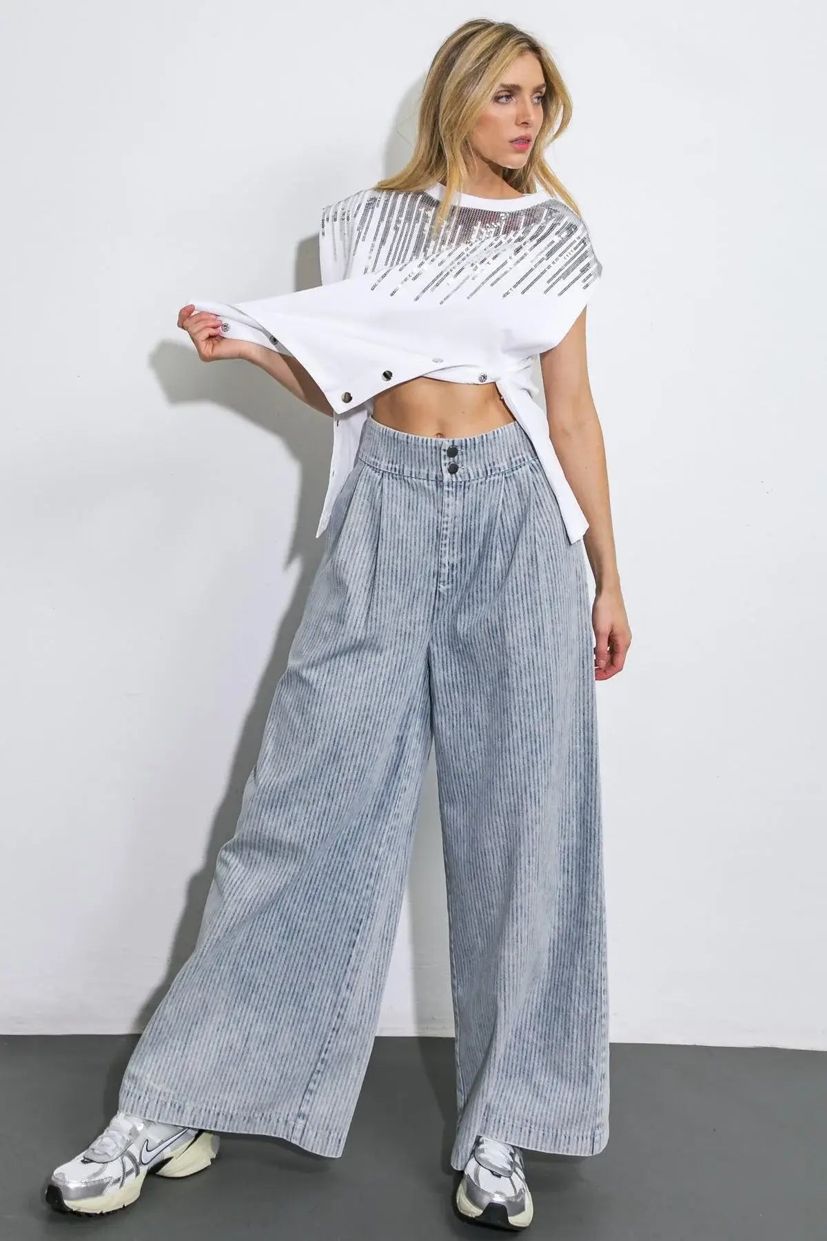 PLAY MY WAY STRIPED DENIM PANTS - Flying Tomato - Flyclothing LLC