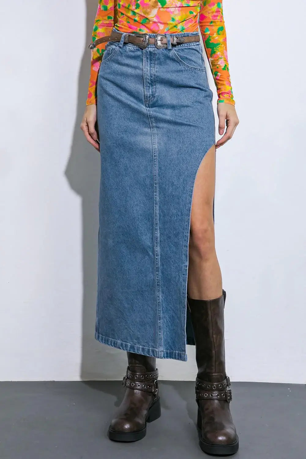 KEEP SHINING DENIM MIDI SKIRT - Flying Tomato - Flyclothing LLC