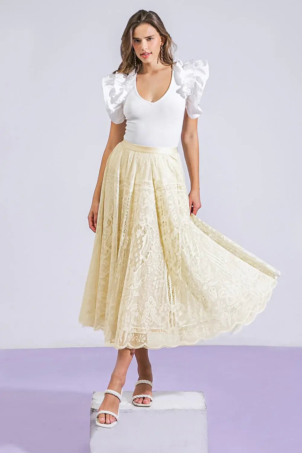 MEANINGFUL MOMENT WOVEN LACE MIDI SKIRT - Flying Tomato - Flyclothing LLC