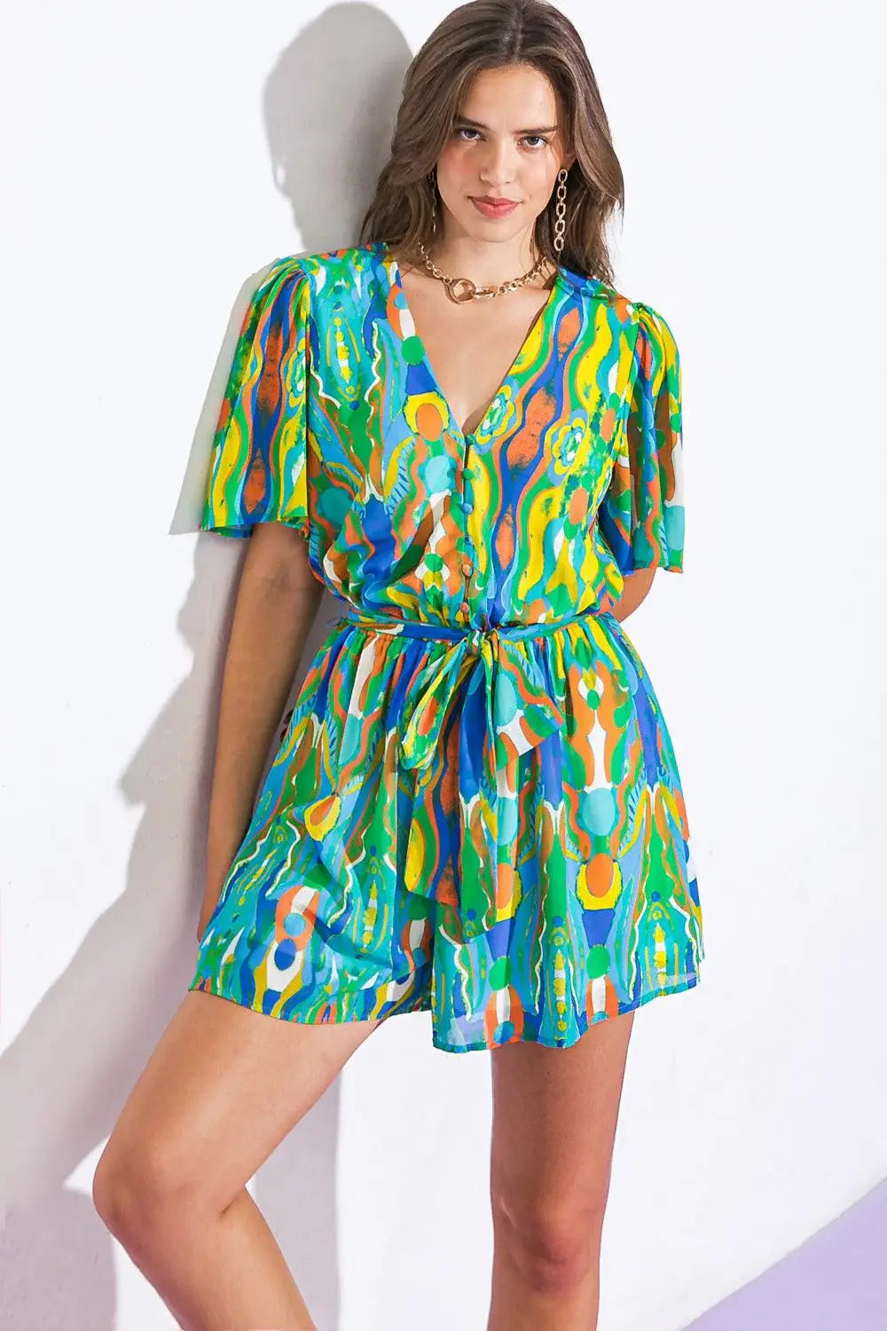 IN MY HAPPY PLACE WOVEN ROMPER - Flying Tomato - Flyclothing LLC