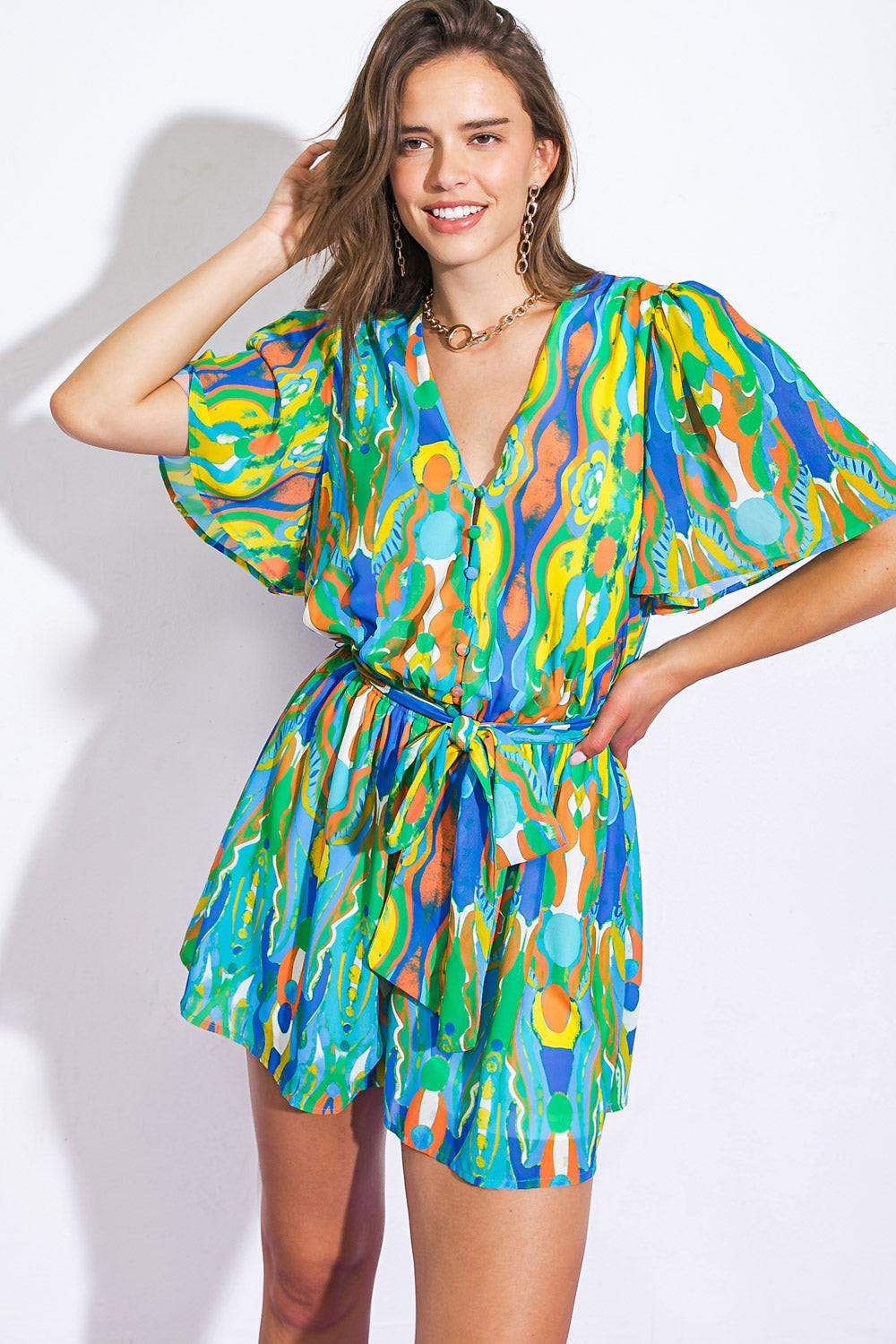 IN MY HAPPY PLACE WOVEN ROMPER - Flying Tomato - Flyclothing LLC