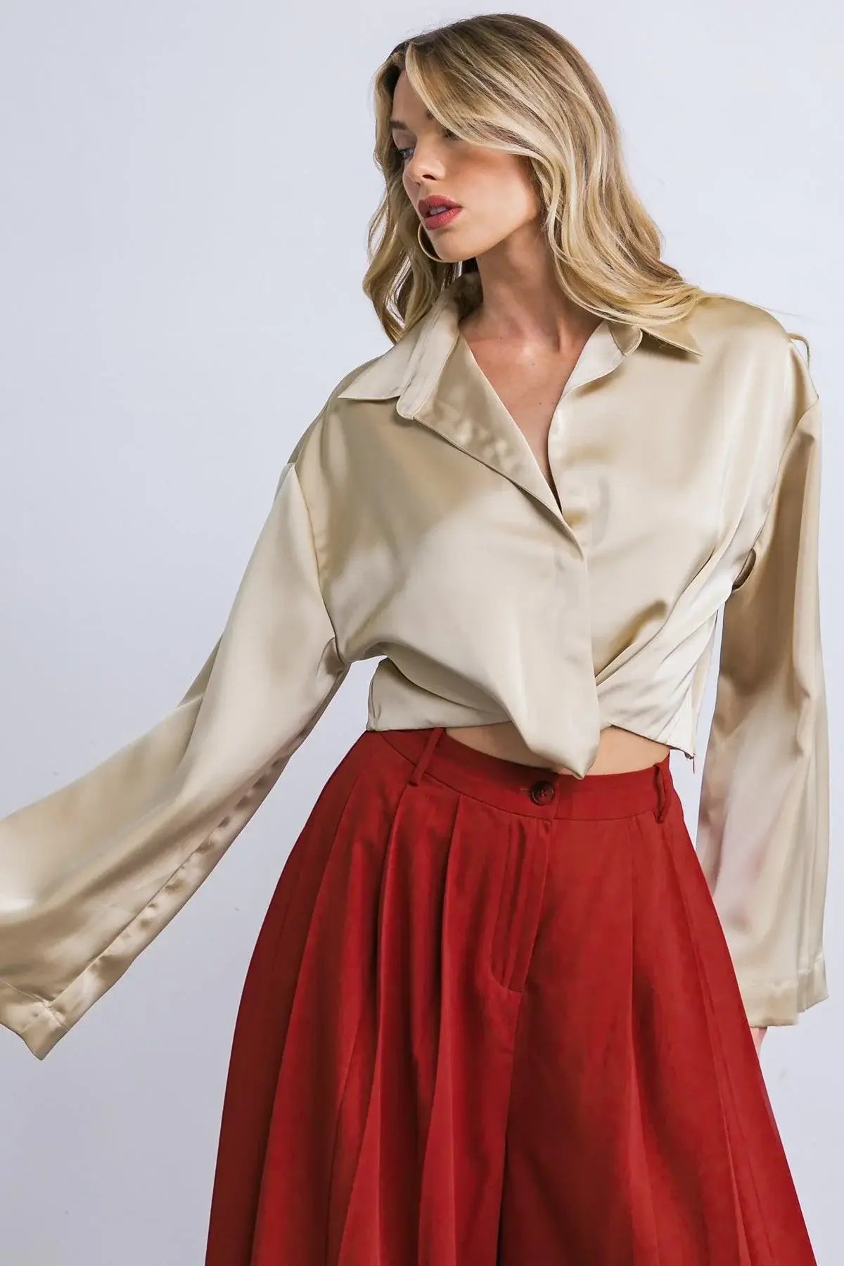 POWERFUL CHARM WOVEN SATIN TOP - Flying Tomato - Flyclothing LLC