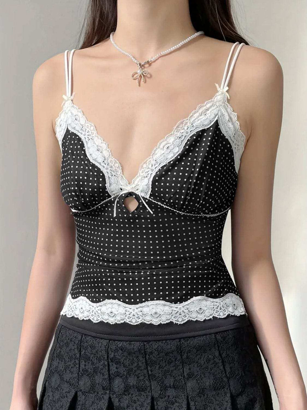 Devine Lace Detail Polka Dot V-Neck Cami - Trendsi - Flyclothing LLC