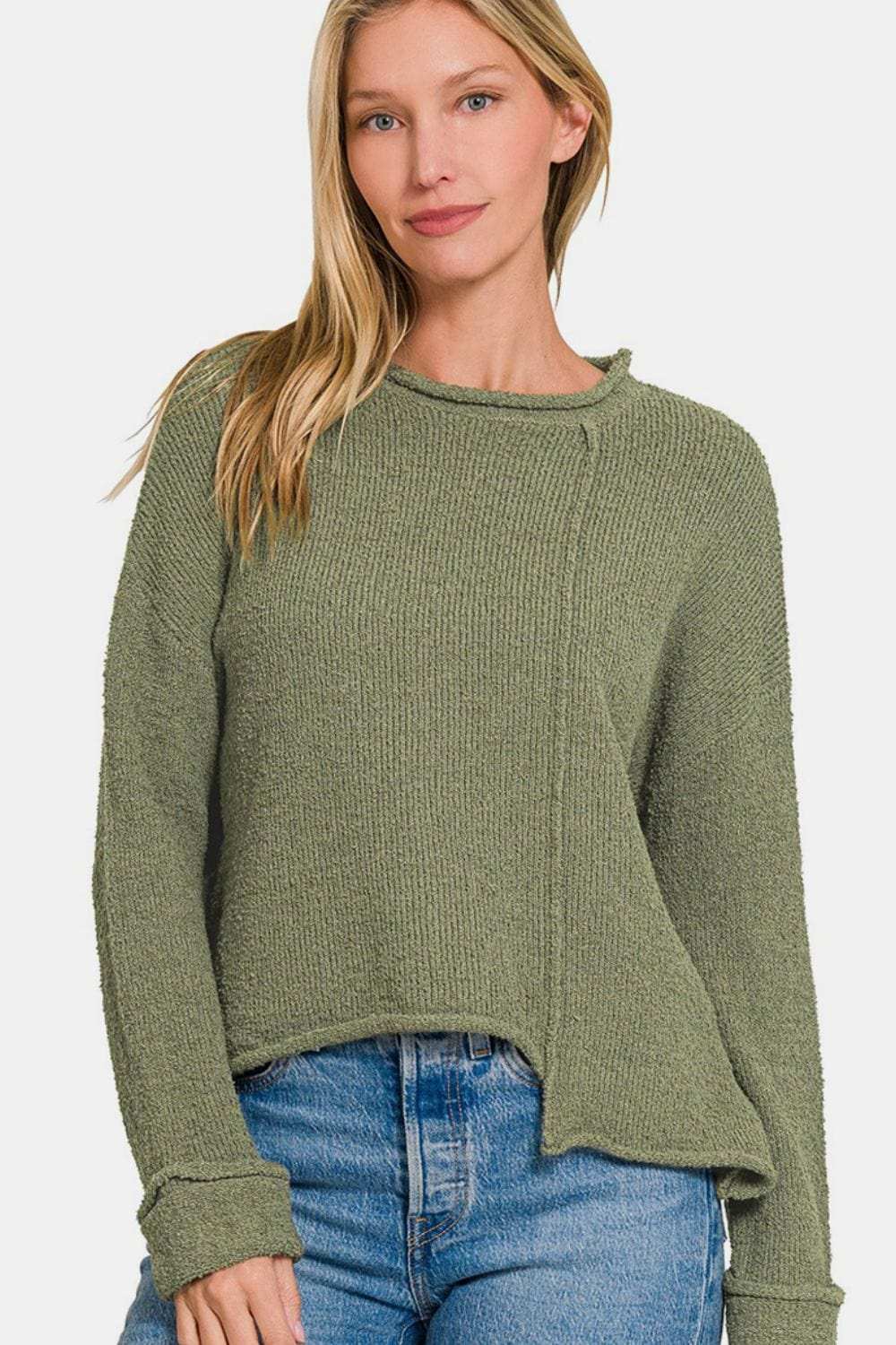 Zenana Asymmetric Hem Drop Shoulder Sweater - Trendsi - Flyclothing LLC