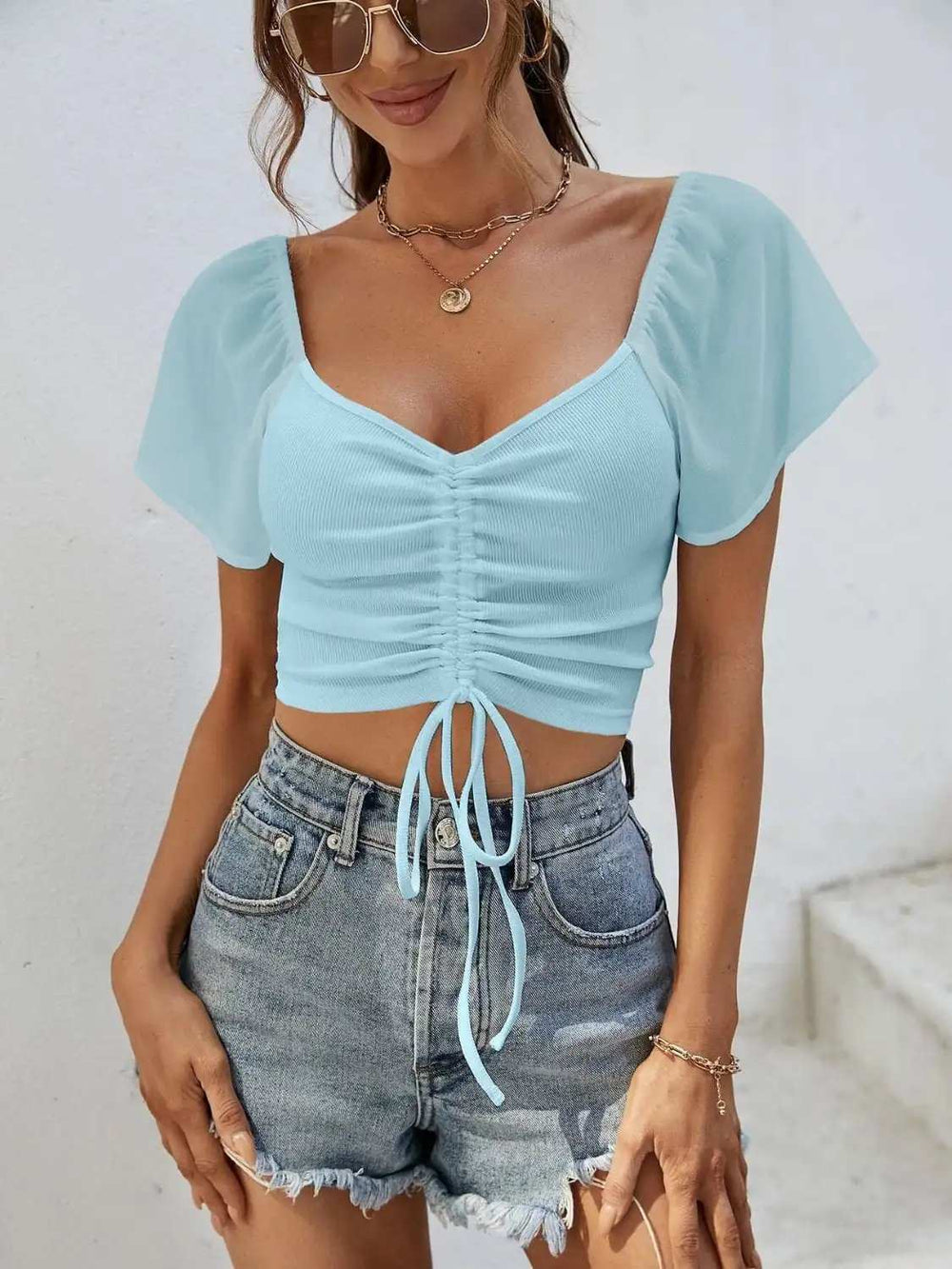 Drawstring Short Sleeve Crop Top - Trendsi - Flyclothing LLC