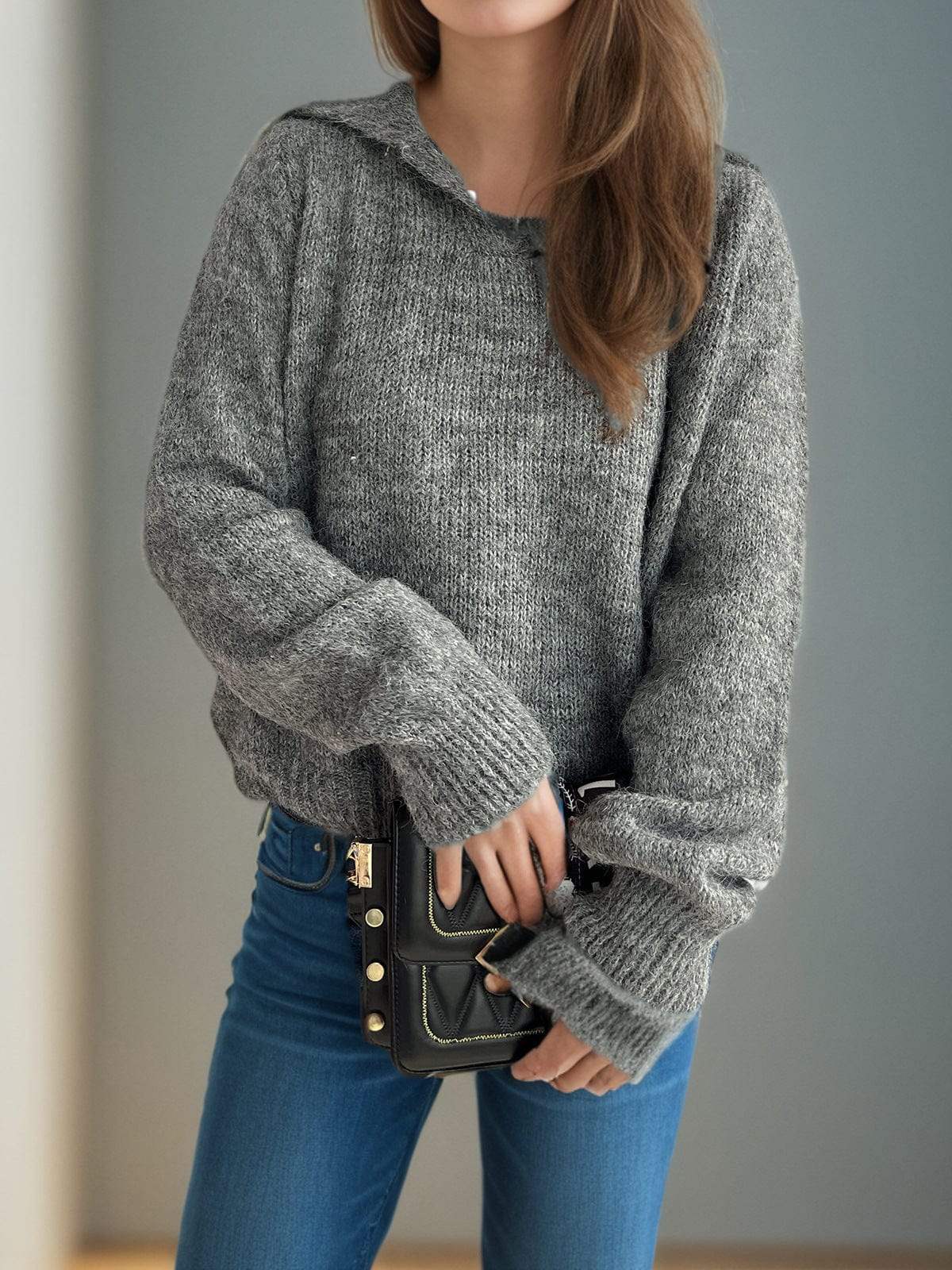 Collared Neck Long Sleeve Sweater - Trendsi - Flyclothing LLC