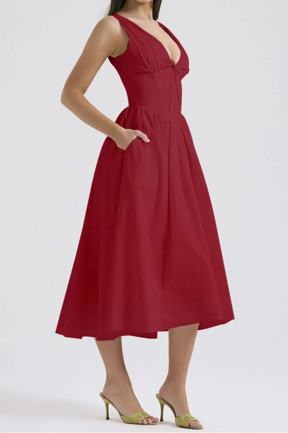 Ruched V-Neck Sleeveless Dress with Pockets - Trendsi - Flyclothing LLC