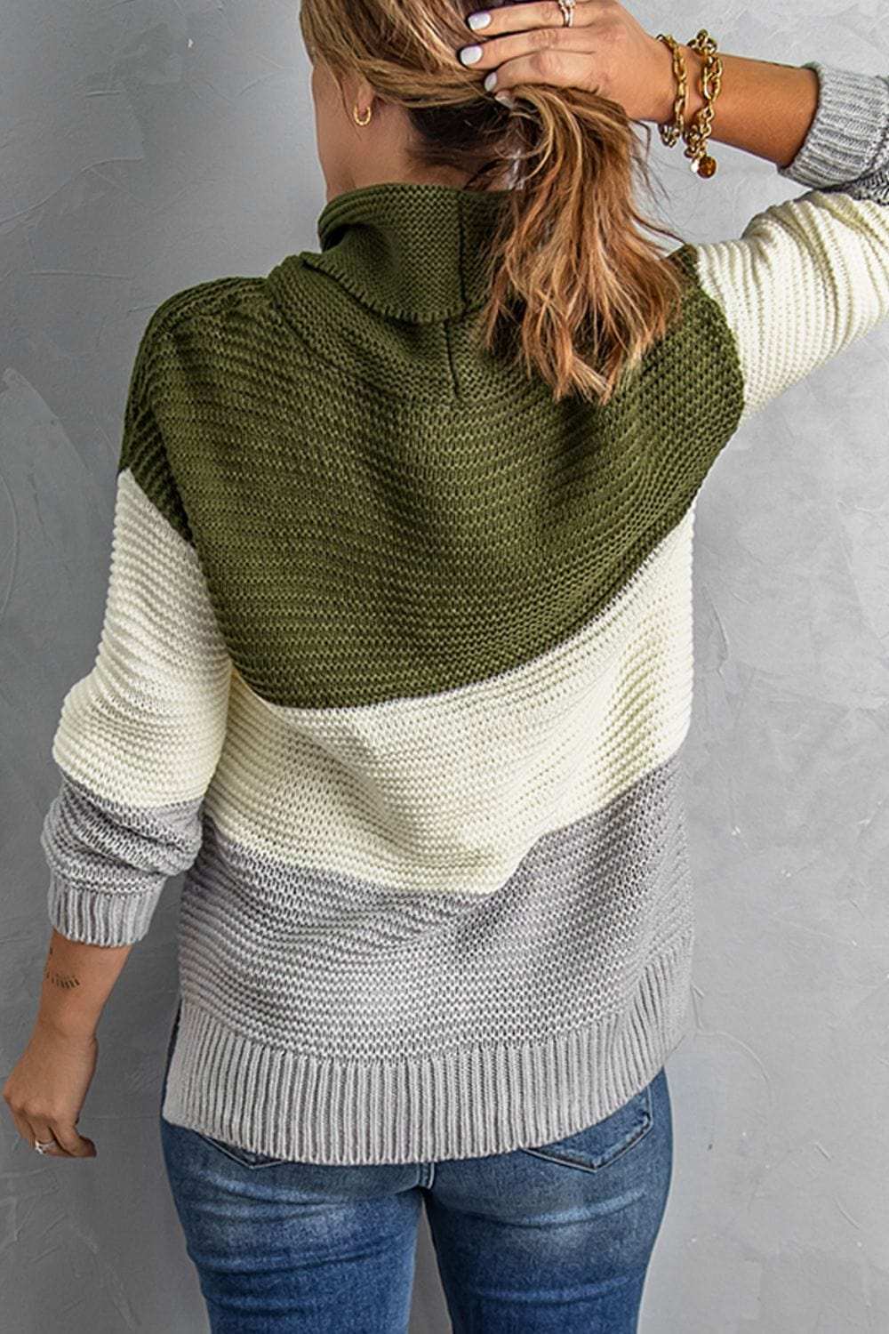 Color Block Turtleneck Long Sleeve Sweater - Trendsi - Flyclothing LLC