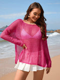 Openwork Slit Boat Neck Long Sleeve Cover-Up - Trendsi - Flyclothing LLC